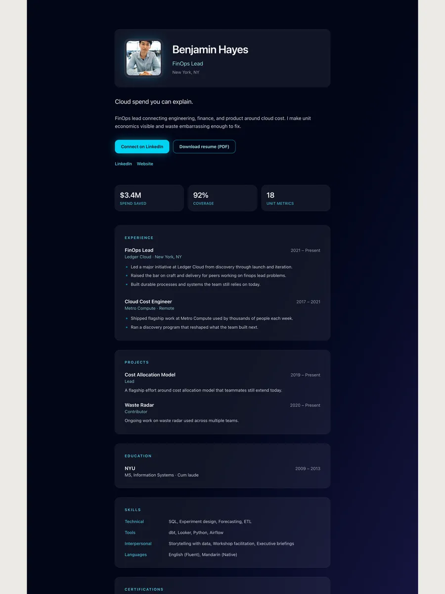 The Midnight Glass public page design.