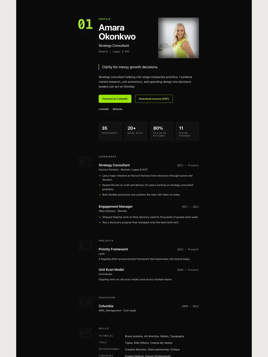 The Numeral public page design.