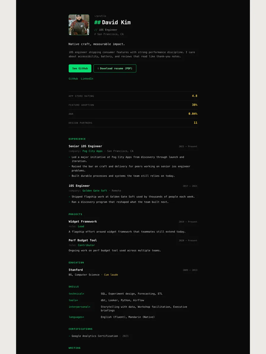The Terminal Dossier public page design.